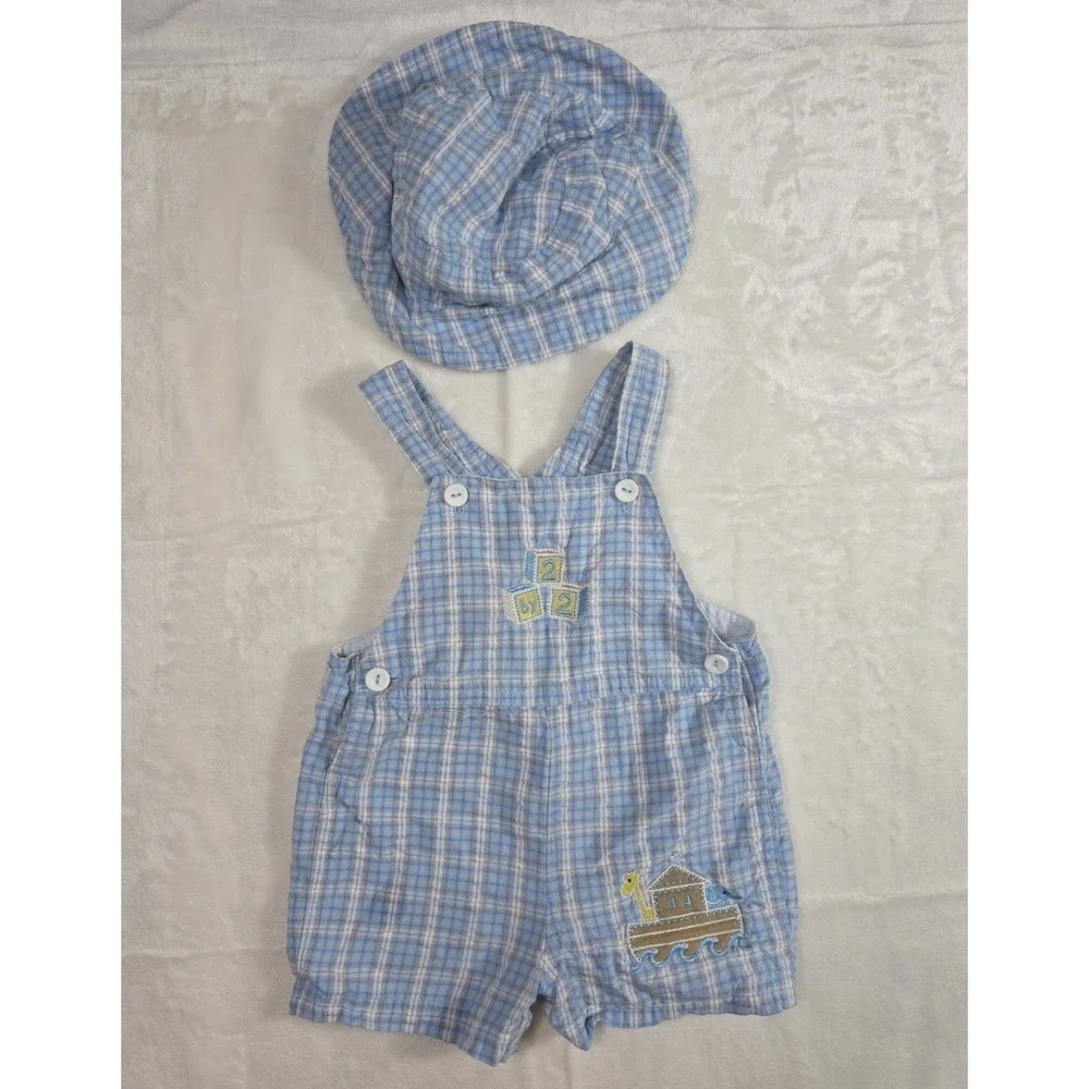 Y2K Vintage BT Kids Baby Boy Noah Ark Plaid Overall Hat Set 6-9M